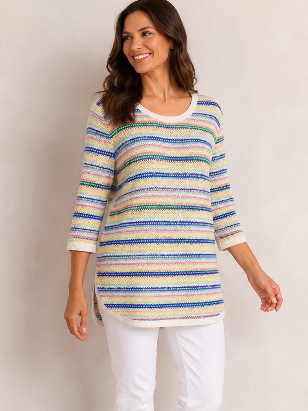 Talbots Rainbow Stripe Tunic Sweater 3/4 Sleeve Cotton Preppy Coastal Knit | XL